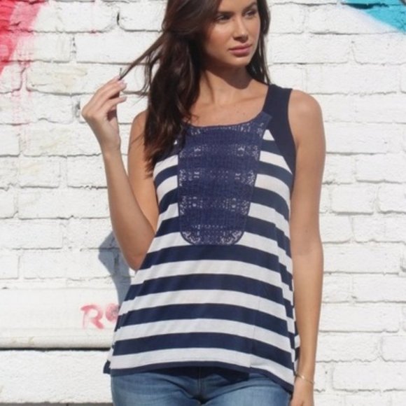 Moon & Sky Tops - Moon & Sky Lace Striped Tank Top Navy Blue Size L